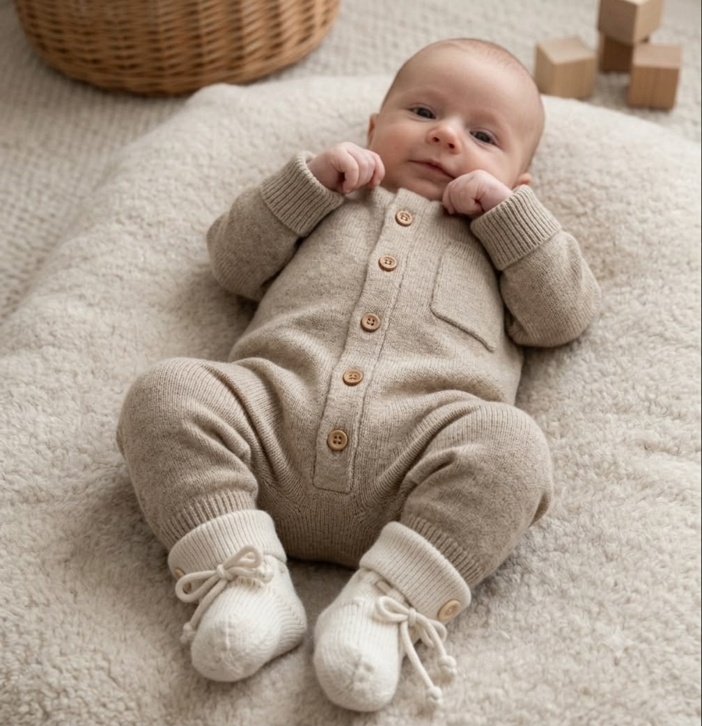 Baby im Strampler aus Merinowolle mit cremefarbenen Söckchen